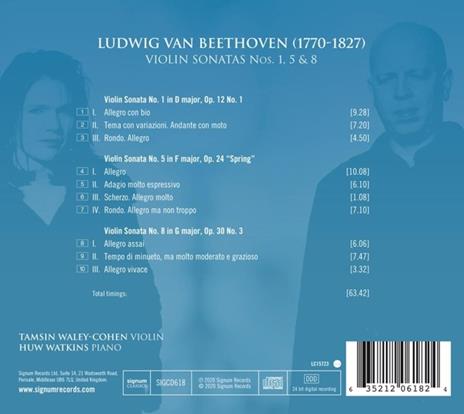 Beethoven Violin Sonatas 1, 5 & 8 - CD Audio di Tamsin & Huw Watkins Waley-Cohen - 2