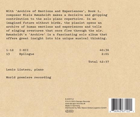 Archive Of Emotions And Experiences Book I - CD Audio di Niels Ronsholdt - 2