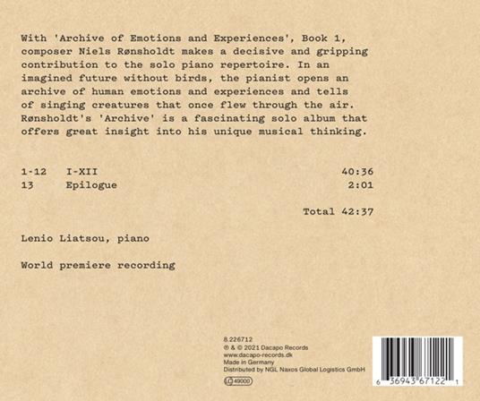 Archive Of Emotions And Experiences Book I - CD Audio di Niels Ronsholdt - 2