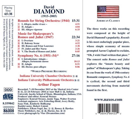 Sinfonia n.6 - Rounds for String Orchestra - Romeo and Juliet - CD Audio di David Diamond,Arthur Fagen - 2