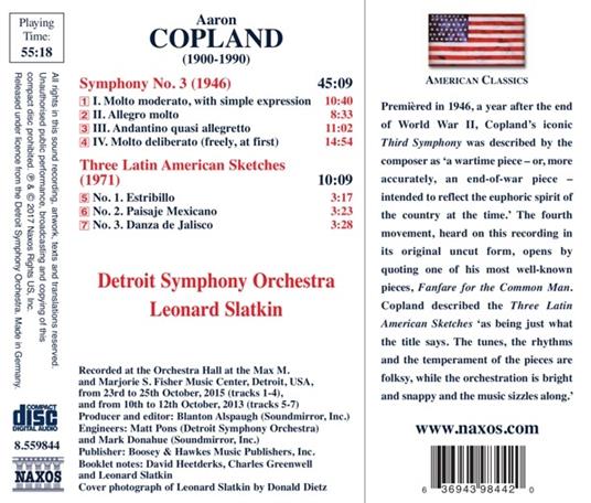 Sinfonia n.3 - Three Latin American Sketches - CD Audio di Aaron Copland,Leonard Slatkin,Detroit Symphony Orchestra - 2