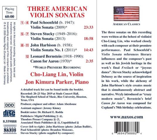 Three American Violin Sonatas - CD Audio di Cho-Liang Lin - 3