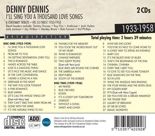I'll Sing You a Thousand Love Songs - CD Audio di Denny Dennis - 2
