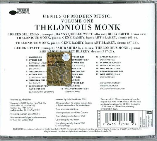 Genius of Modern Music vol.1 (Rudy Van Gelder) - CD Audio di Thelonious Monk - 2