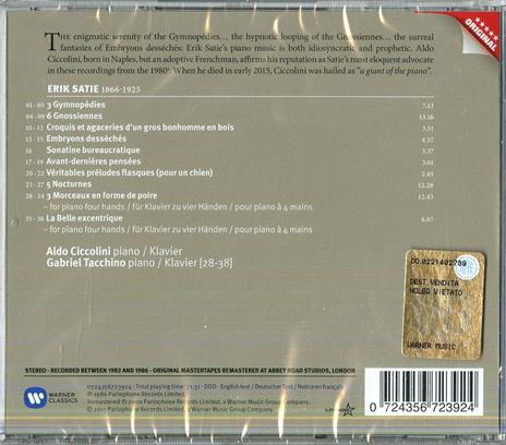 Piano Music: Gymnopédies - Gnossiennes - Notturni - Trois morceaux en forme de poire - CD Audio di Erik Satie,Aldo Ciccolini - 2