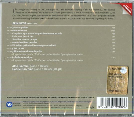 Piano Music: Gymnopédies - Gnossiennes - Notturni - Trois morceaux en forme de poire - CD Audio di Erik Satie,Aldo Ciccolini - 2