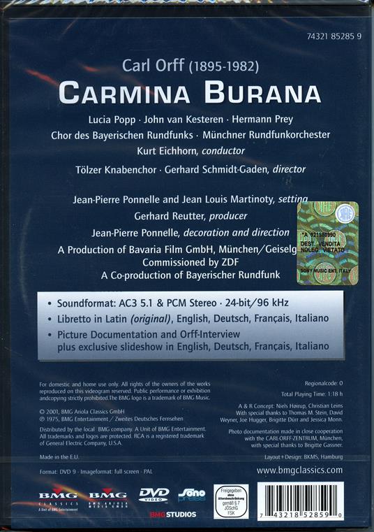 Carl Orff. Carmina Burana (DVD) - DVD di Carl Orff,Lucia Popp - 2