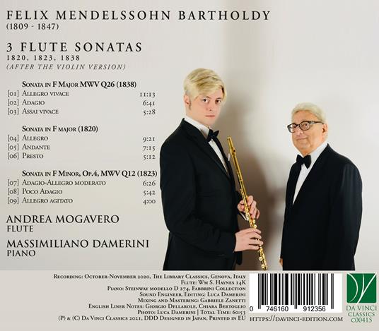 3 Flute Sonatas 1820, 1823, 1838 - CD Audio di Felix Mendelssohn-Bartholdy,Massimiliano Damerini,Andrea Mogavero - 2