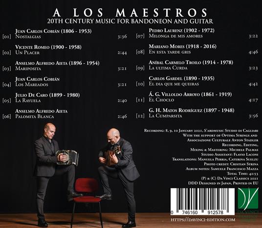 A los maestros. 20th Century Music for Bandoneon and Guitar - CD Audio di Alessandro Deiana,Fabio Furia - 2