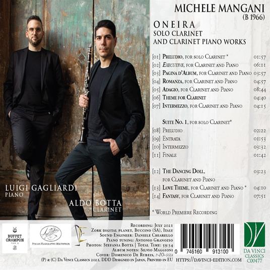 Oneira. Solo Clarinet and Clarinet Piano - CD Audio di Michele Mangani - 2