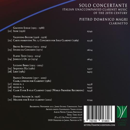 Solo Concertante. Italian Unaccompanied Clarinet Music of the 20th Century - CD Audio di Pietro Domenico Magri - 2