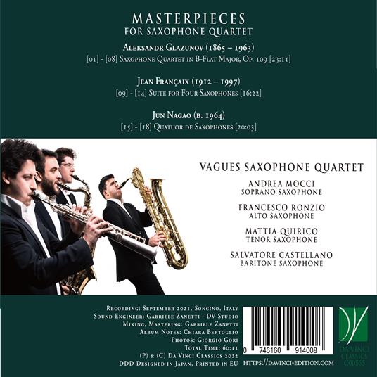 Masterpieces for Saxophone Quartet - CD Audio di Vagues Saxophone Quartet - 2