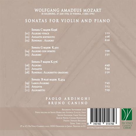 Sonatas for Violin and Piano K296, K376, K301, K454 - CD Audio di Wolfgang Amadeus Mozart,Paolo Ardinghi - 2
