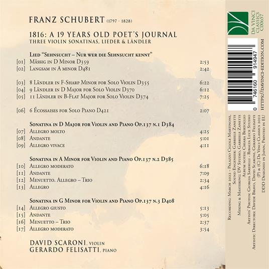 1816. A 19 Years Old Poet's Journal - 3 Violin Sonatinas - Lieder - CD Audio di Franz Schubert - 2