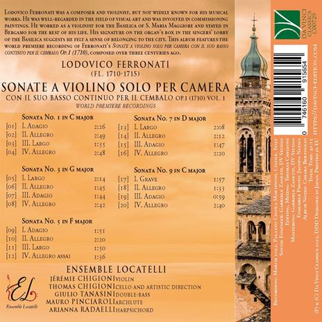 Sonates pour violon solo avec basse continue op.1 vol.1 - CD Audio di Lodovico Ferronati,Ensemble Locatelli - 2