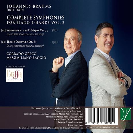 Complete Symphonies for Piano 4-Hands Vol.2 - CD Audio di Johannes Brahms,Massimiliano Baggio,Corrado Greco - 2