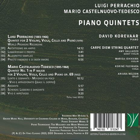 Piano Quintets - CD Audio di Mario Castelnuovo-Tedesco,Luigi Perracchio,Carpe Diem String Quartet,David Korevaar - 2