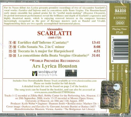 Euridice dall'Inferno - Sonata per violoncello n.2 - Toccata in La - CD Audio di Alessandro Scarlatti,Ars Lyrica Houston - 2