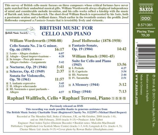 Musica per violoncello - CD Audio di Raphael Wallfisch,Joseph Holbrooke,William Wordsworth,William Busch - 2