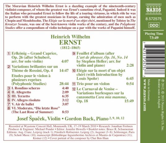 Erlkönig Op.26, Le Carnaval De Venise, Op.18, Studi Polifonici - CD Audio di Heinrich Wilhelm Ernst - 2