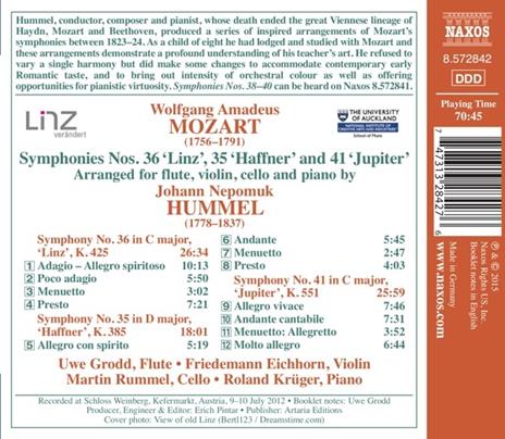 Sinfonie di Mozart (Arrangiamento per flauto, violino, violoncello e pianoforte) - CD Audio di Johann Nepomuk Hummel - 2