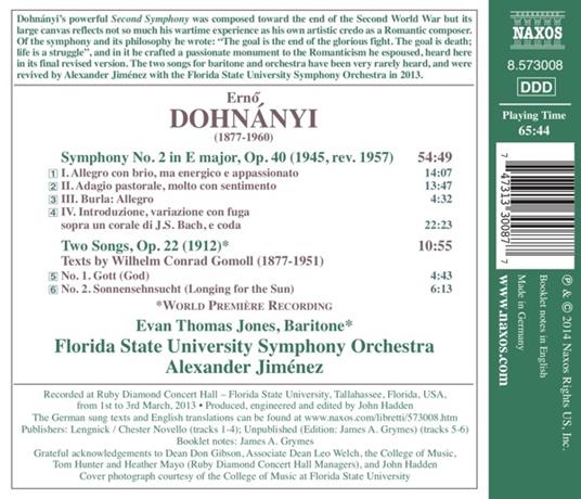 Sinfonia n.2 in Mi maggiore op.40 - 2 Lieder per baritono e orchestra op.22 - CD Audio di Erno Dohnanyi - 2