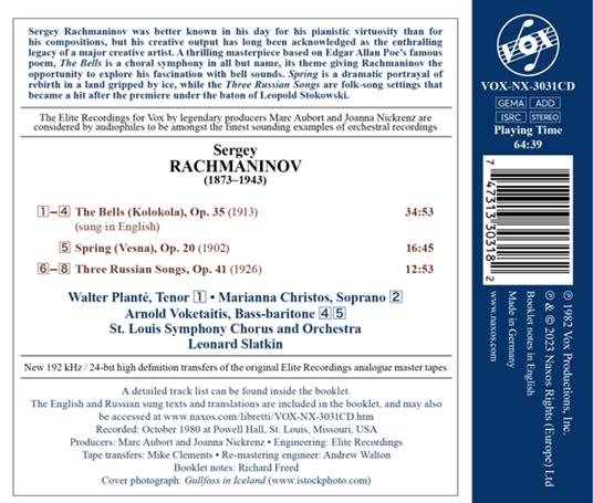 The Bells, Spring, Three Russian Songs - CD Audio di Sergei Rachmaninov - 2