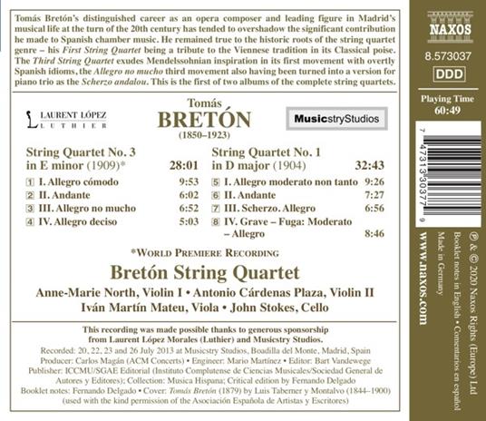 String Quartets Nos. 1 & 3 - CD Audio di Tomas Breton - 2