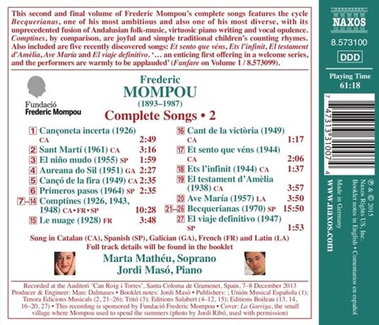 Liriche da Camera vol.2 - CD Audio di Frederic Mompou - 2