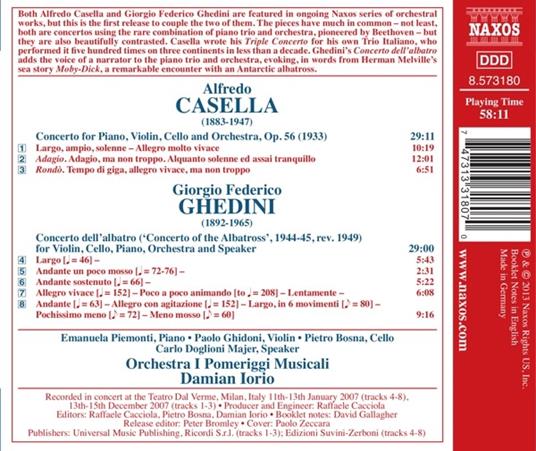 Triplo concerto op.56 / Concerto dell'albatro - CD Audio di Alfredo Casella,Giorgio Federico Ghedini,Orchestra I Pomeriggi Musicali,Damian Iorio - 2