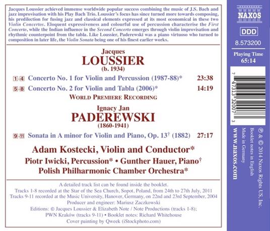 Concerto n.1 per violino e percussioni - Concerto n.2 per violino e tabla / Sonata in La minore per violino e pianoforte op.13 - CD Audio di Jacques Loussier,Ignace Jan Paderewski - 2