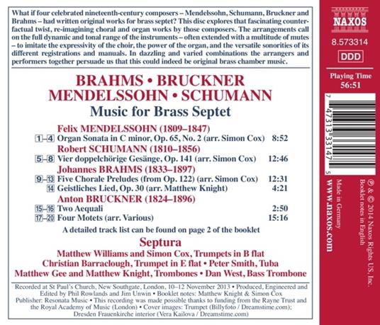 Trascrizioni per ensemble di ottoni - CD Audio di Johannes Brahms,Anton Bruckner,Robert Schumann,Felix Mendelssohn-Bartholdy,Septura - 2