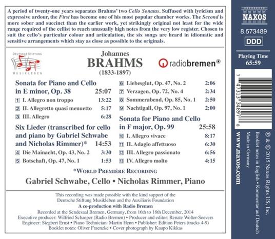 Sonate per violoncello e canzoni - CD Audio di Johannes Brahms - 2