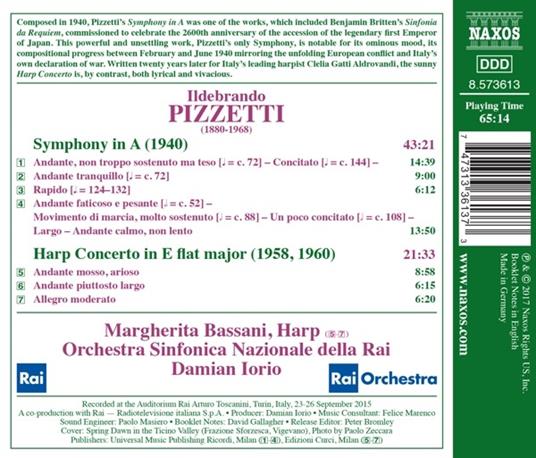 Sinfonia in La - Concerto per arpa - CD Audio di Orchestra Sinfonica Nazionale della RAI,Ildebrando Pizzetti,Damian Iorio - 2