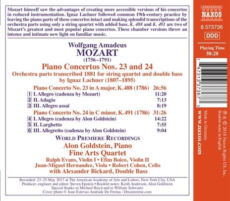 Concerto per pianoforte n.23 K488, n.24 K491 - CD Audio di Wolfgang Amadeus Mozart,Fine Arts Quartet - 2