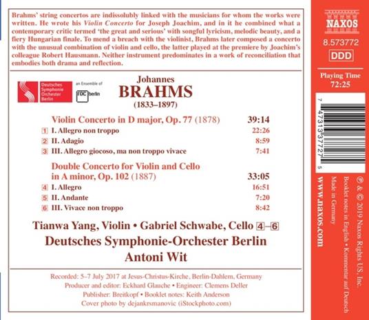 Concerto per violino op.77 - Concerto doppio op.102 - CD Audio di Johannes Brahms,Deutsches Sinfonie-Orchester Berlino,Antoni Wit - 2