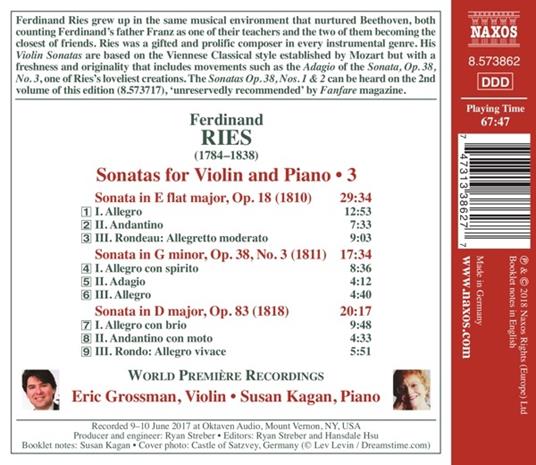 Sonate per violino complete vol.3 - CD Audio di Ferdinand Ries,Eric Grossman - 2