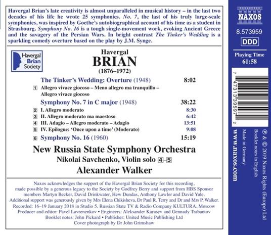 Sinfonia n.7, n.16 - The Tinker's Wedding Ouverture - CD Audio di Havergal Brian,Alexander Walker,New Russia State Symphony Orchestra - 2