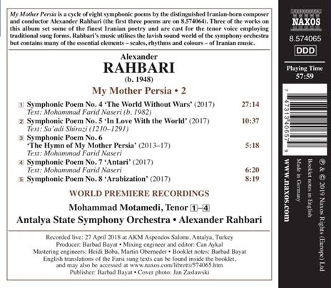 My Mother Persia vol.2: Poemi sinfonici n.4, n.5, n.6, n.7, n.8 - CD Audio di Alexander Rahbari - 2