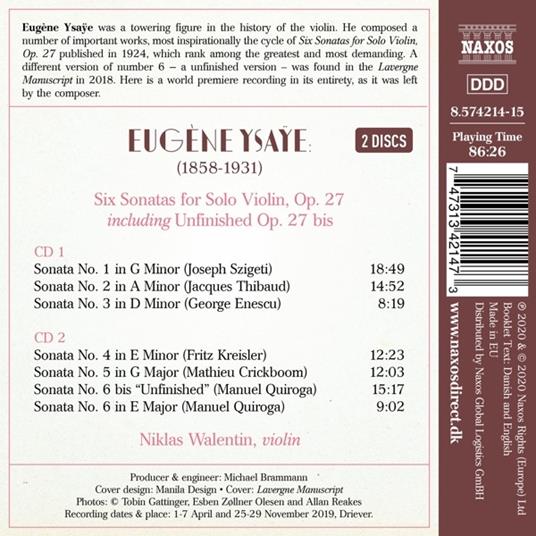 6 Sonate per violino solo op.27 - CD Audio di Eugene Ysaye - 2