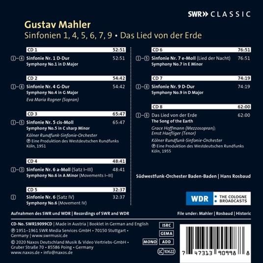 Sinfonie n.1, n.4, n.5, n.6, n.7, n.9 - CD Audio di Gustav Mahler,Hans Rosbaud - 2