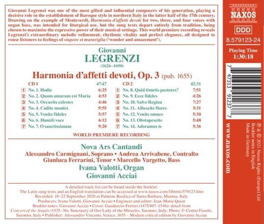 Harmonia d'affetti devoti op.3 - CD Audio di Giovanni Legrenzi,Nova Ars Cantandi - 2