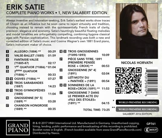 Musica per pianoforte completa vol.1 (Nuova edizione Salabert) - CD Audio di Erik Satie,Nicolas Horvath - 2