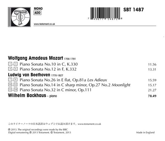 Sonate per pianoforte n.10, n.12 / Sonate per pianoforte n.26, n.14, n.32 - CD Audio di Ludwig van Beethoven,Wolfgang Amadeus Mozart,Wilhelm Backhaus - 2