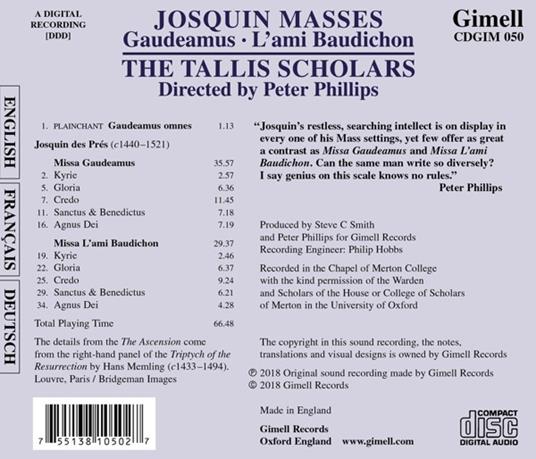 Messe Gaudeamus - L'ami Baudichon - CD Audio di Josquin Desprez,Tallis Scholars - 2