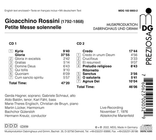 Rossini. Petite Messe Solennelle - CD Audio di Gerda - Gabriele Schnaut - Aldo Baldin - Karl Fath - Hagner - 2