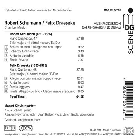 Quartetto op.47 - Quintetto op.48 - CD Audio di Robert Schumann,Felix Draeseke,Gottfried Langenstein,Mozart Klavierquartett - 2