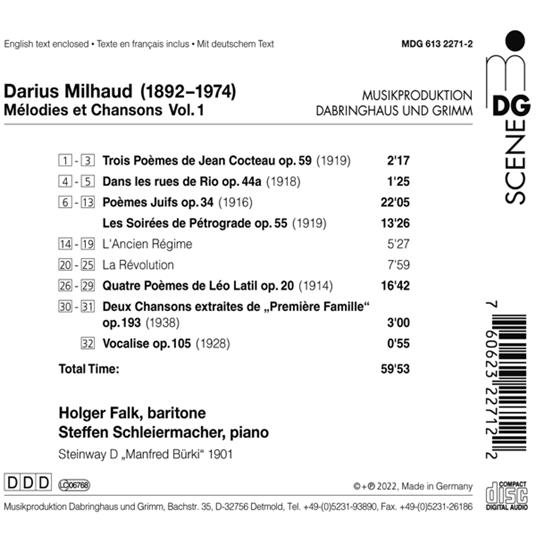 Milhaud. Melodies Et Chansons Vol. 1 - CD Audio di Holger - Steffen Schleiermacher Falk - 2