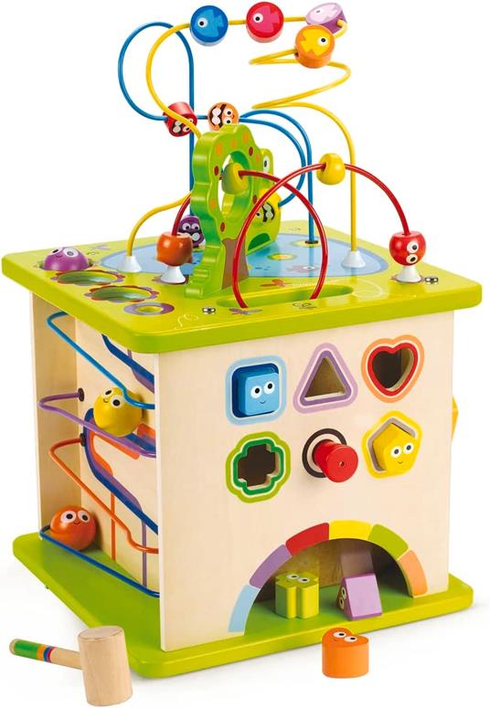 Hape Cubo Multi-Attività in Legno, Puzzle Educativo in Legno per Neonati, Cubo Multi-Attività a 5 Lati con Amici Animali, Forme, Labirinti, Sfere in Legno, Gioco a Incastro di Forme e Tanto Altro