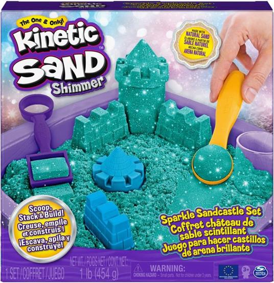 Kinetic Sand - Castello di sabbia glitterata, 453 g di Shimmer verde acqua, 5 formine e accessori, con vaschetta - per bambini dai 3 anni in su - 2